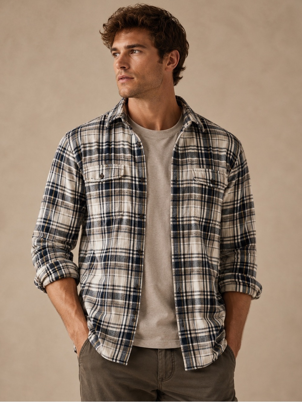 Faded Glory Plaid Button Down Flannel Shirt Gray Navy Yellow Size XL